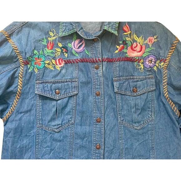 90s Vintage Oversized Western Denim Embroidered Flowers Cowgirl Cottagecore SM - Picture 2 of 10